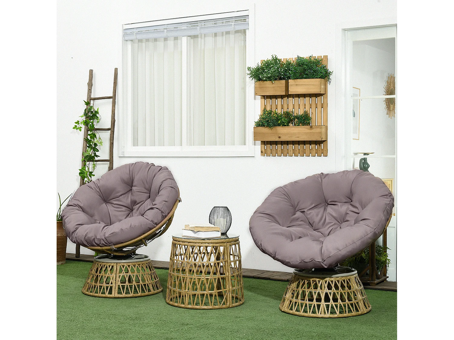 Salon de jardin 3 pièces – Fauteuils Papasan pivotants – Table incluse