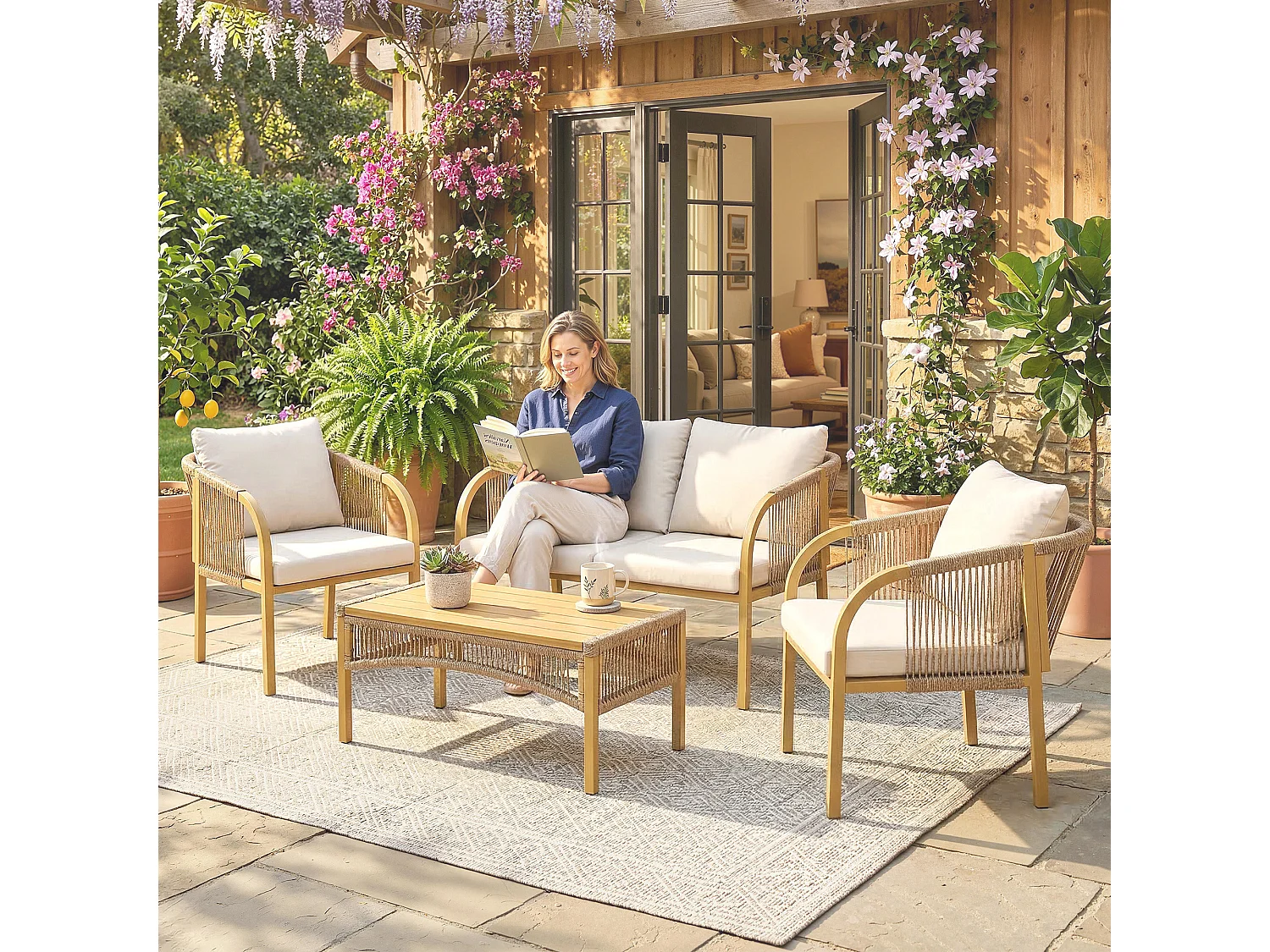 Salon de jardin colonial 4 places kaki beige