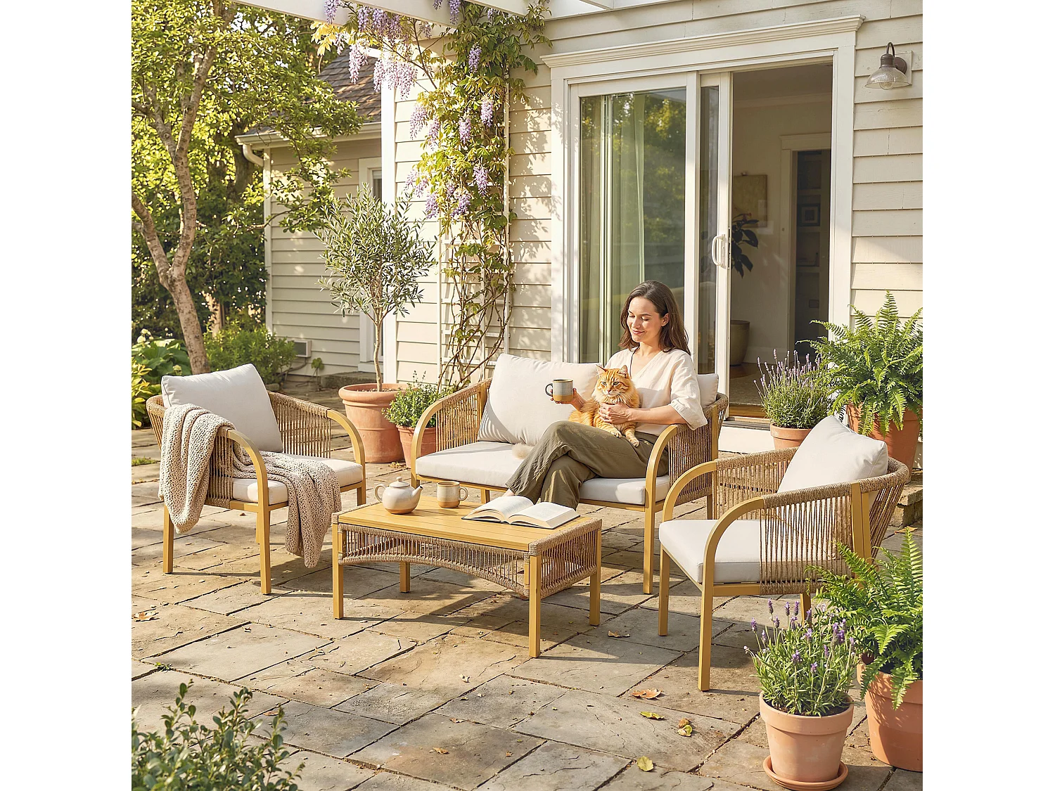 Salon de jardin colonial 4 places kaki beige