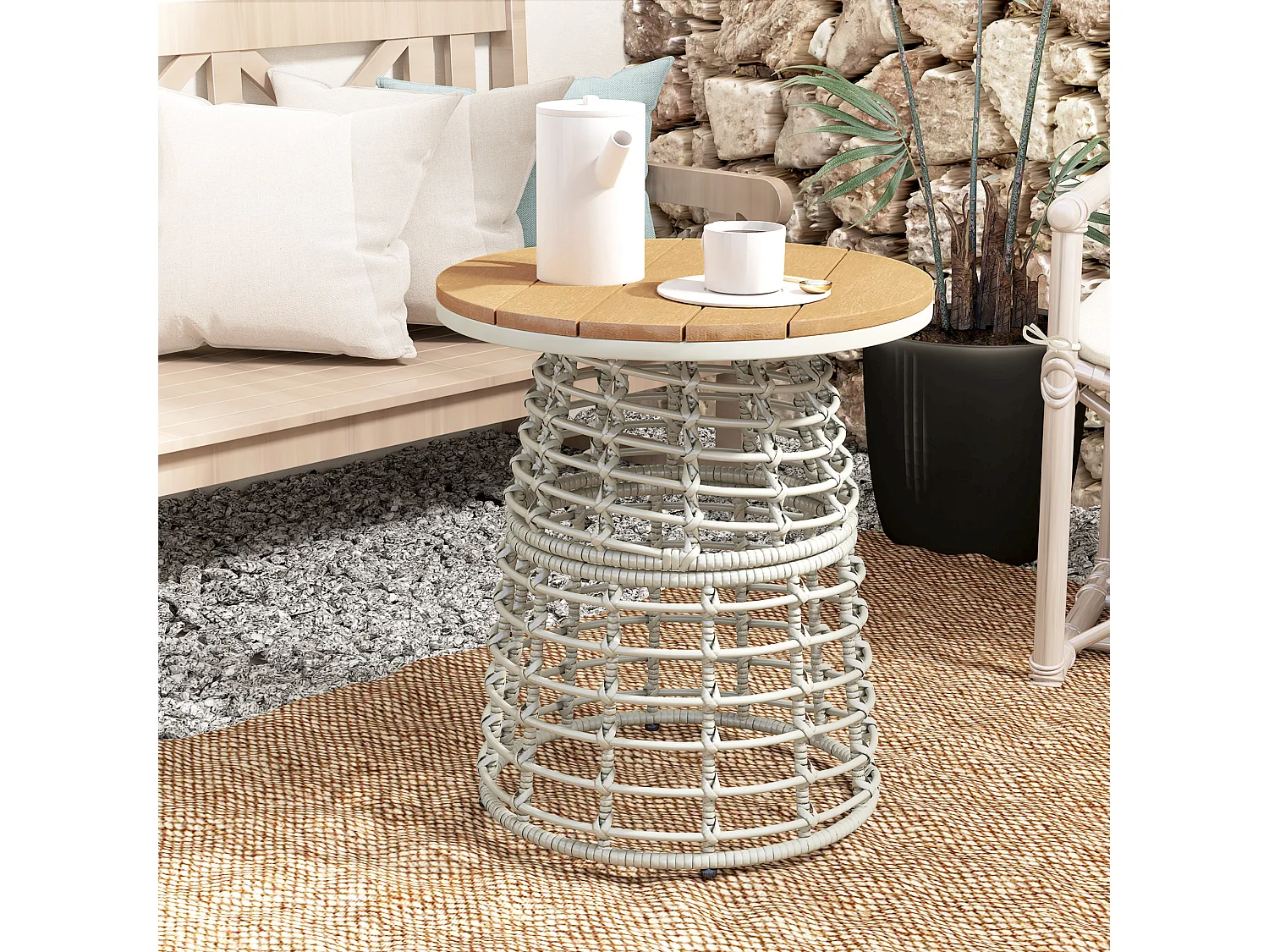 Table basse de jardin table d'appoint extérieur résine aspect rotin métal gris