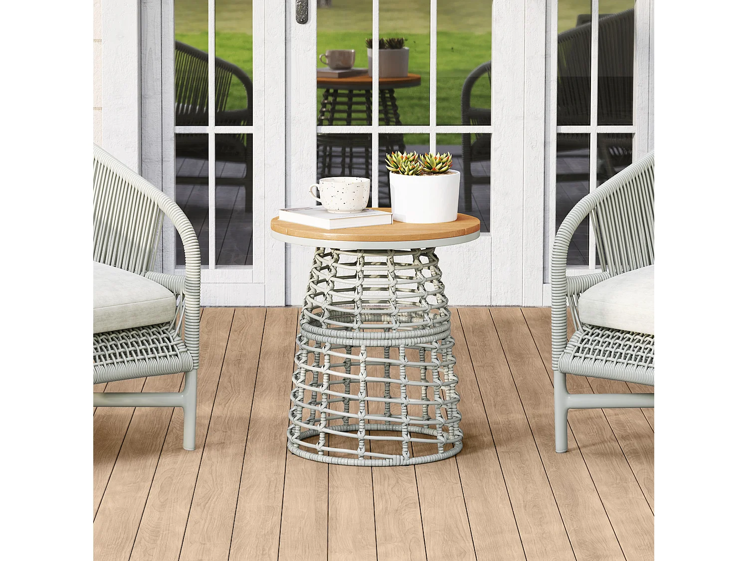 Table basse de jardin table d'appoint extérieur résine aspect rotin métal gris