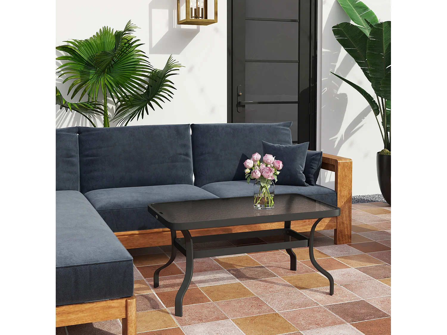 Table basse de jardin rectangulaire dim. 95 x 55 x 46 cm métal noir plateau verre trempé texturé