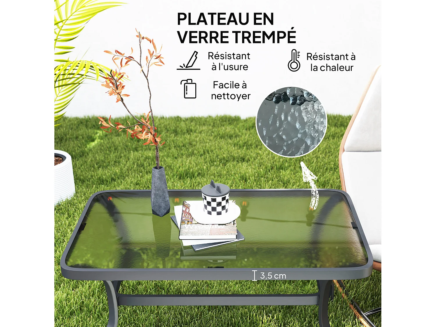 Table basse de jardin rectangulaire dim. 95 x 55 x 46 cm métal noir plateau verre trempé texturé