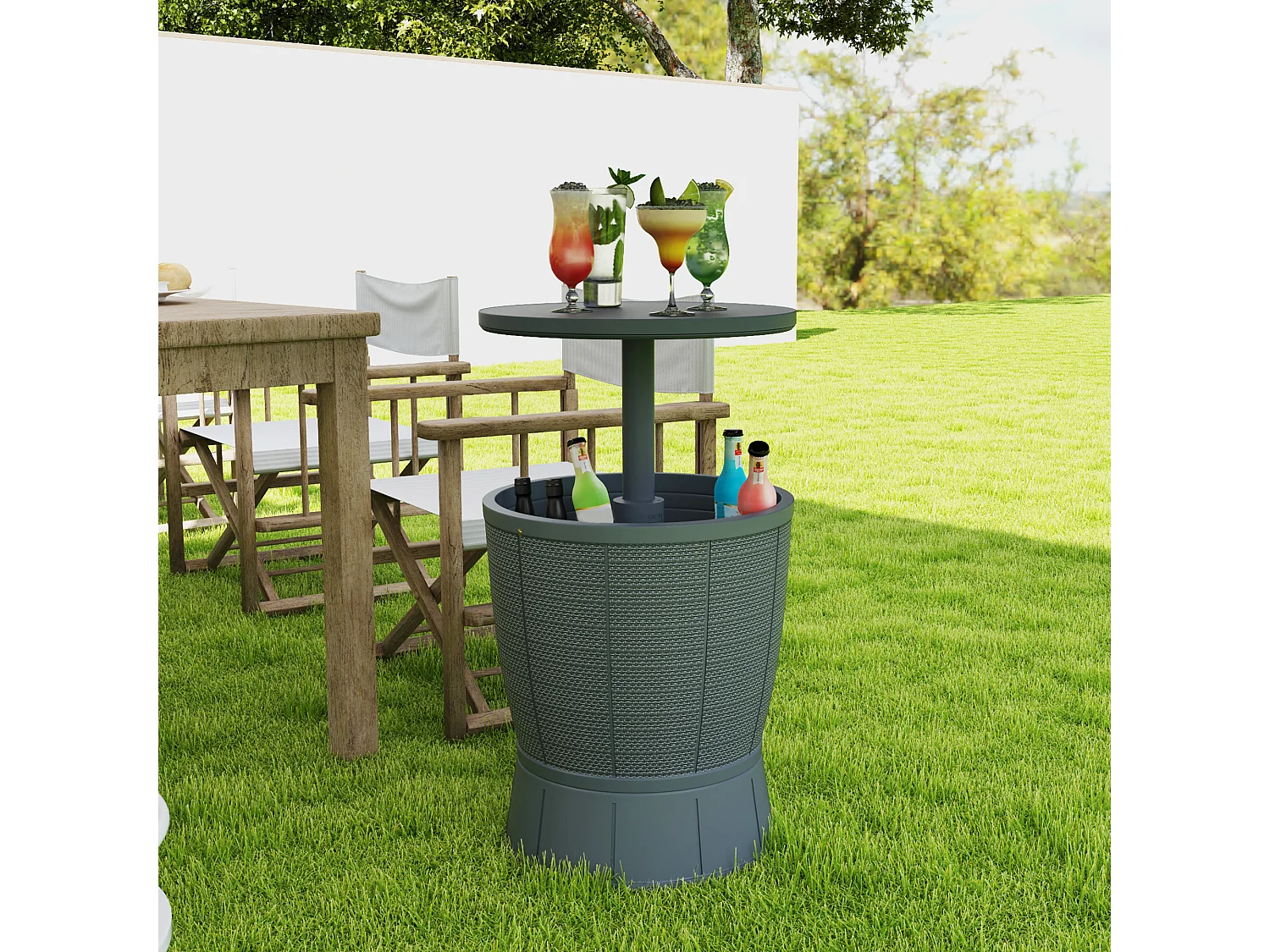 Seau à glace table basse 2 en 1 - plateau télescopique - dia. 49 x 58-84H cm - PP effet résine gris
