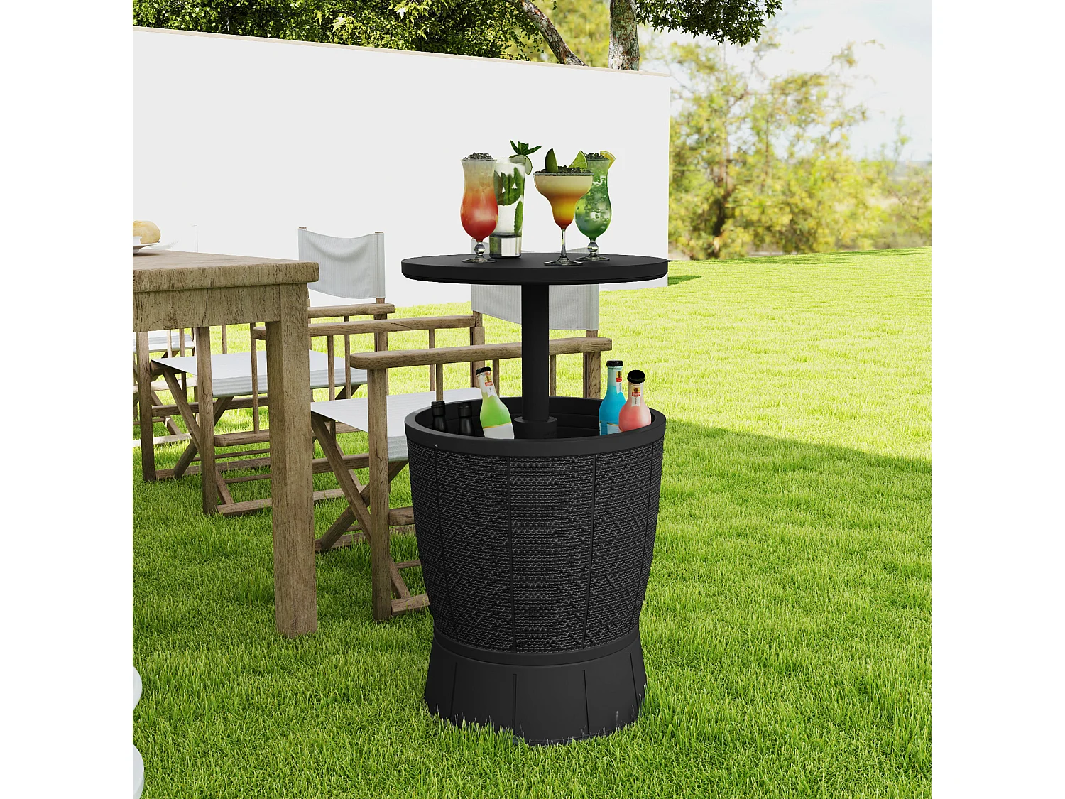 Seau à glace table basse 2 en 1 - plateau télescopique - dia. 49 x 58-84H cm - PP effet résine noir
