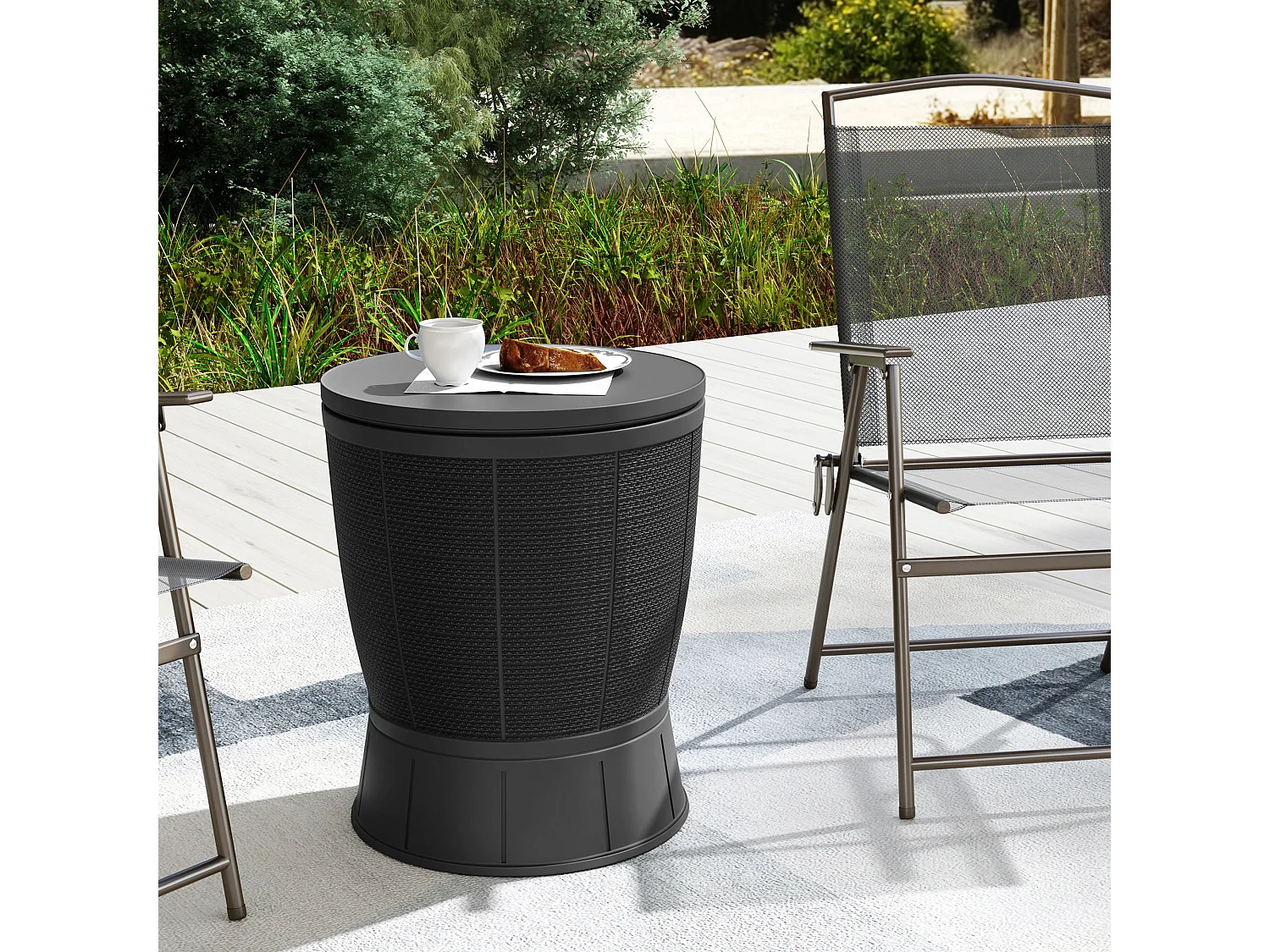 Seau à glace table basse 2 en 1 - plateau télescopique - dia. 49 x 58-84H cm - PP effet résine noir