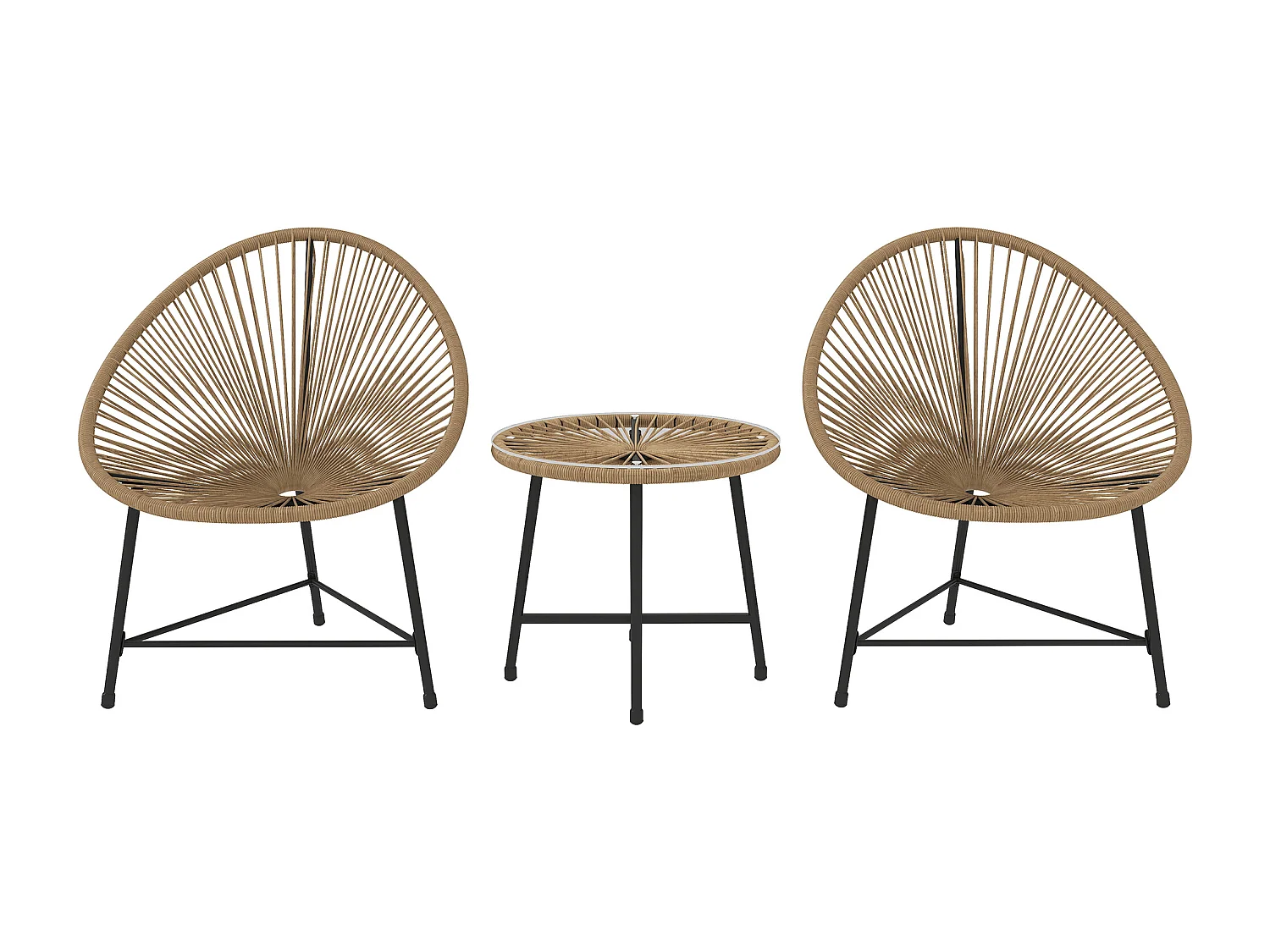 Salon de jardin 3 pcs 2 places design Acapulco plateau verre trempé acier noir résine filaire effet naturel