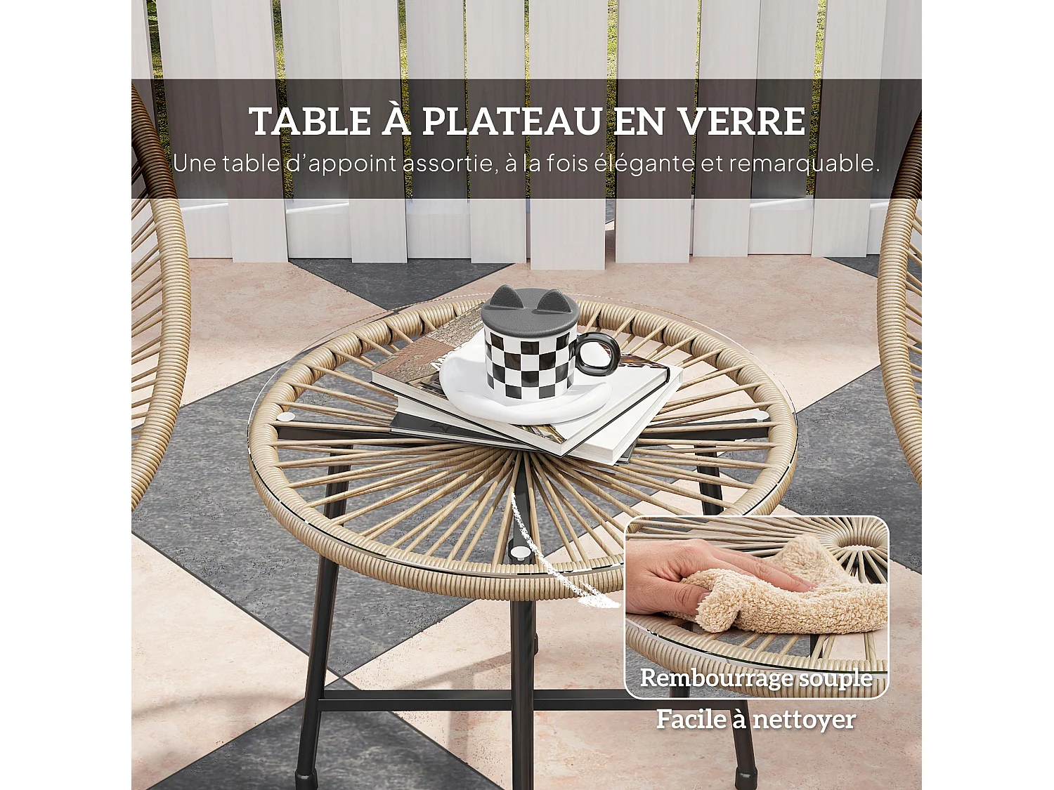 Salon de jardin 3 pcs 2 places design Acapulco plateau verre trempé acier noir résine filaire effet naturel