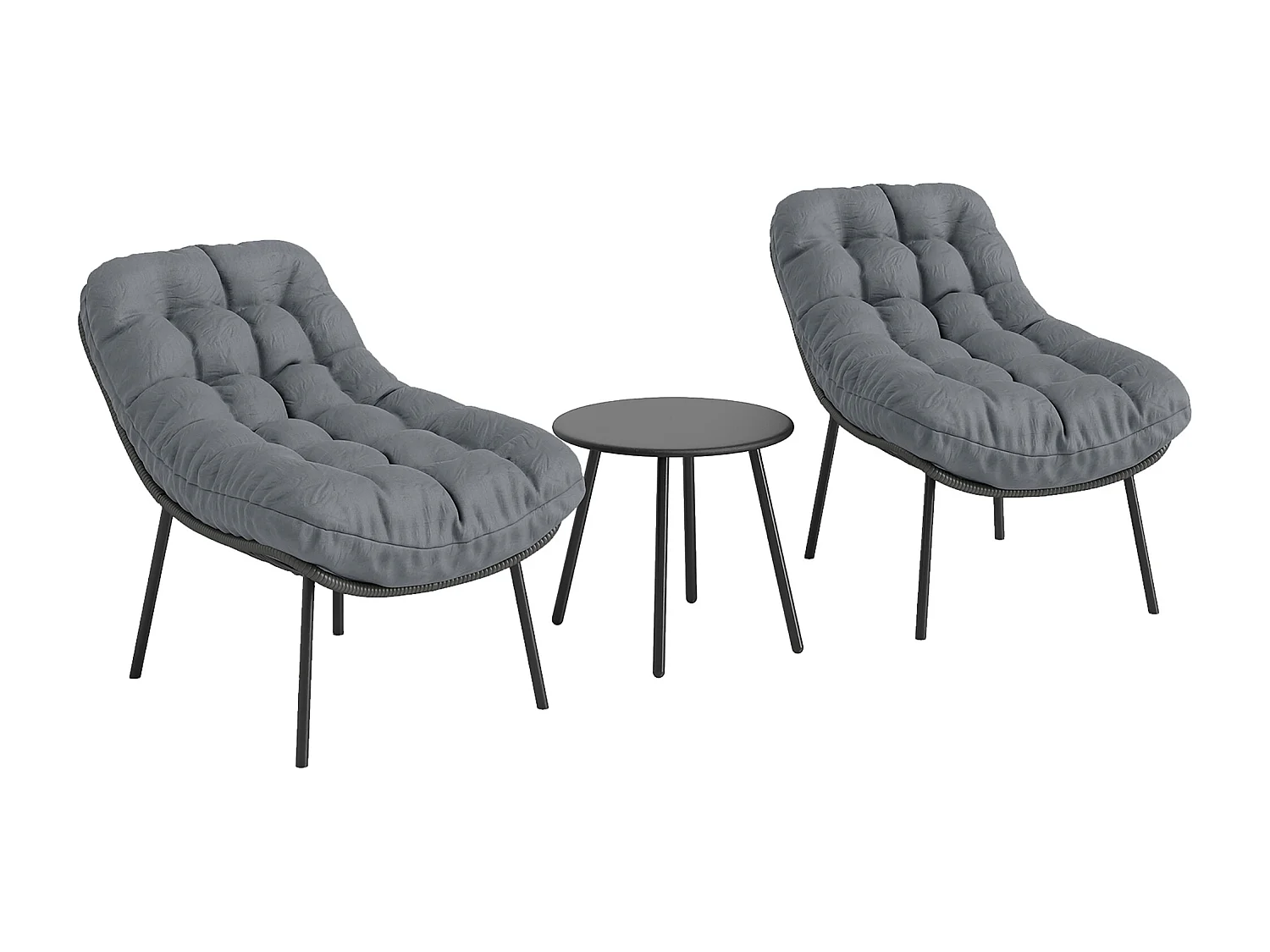Salon de jardin 2 places 3 pièces style cosy épais coussins capitonnés 15 cm acier résine gris