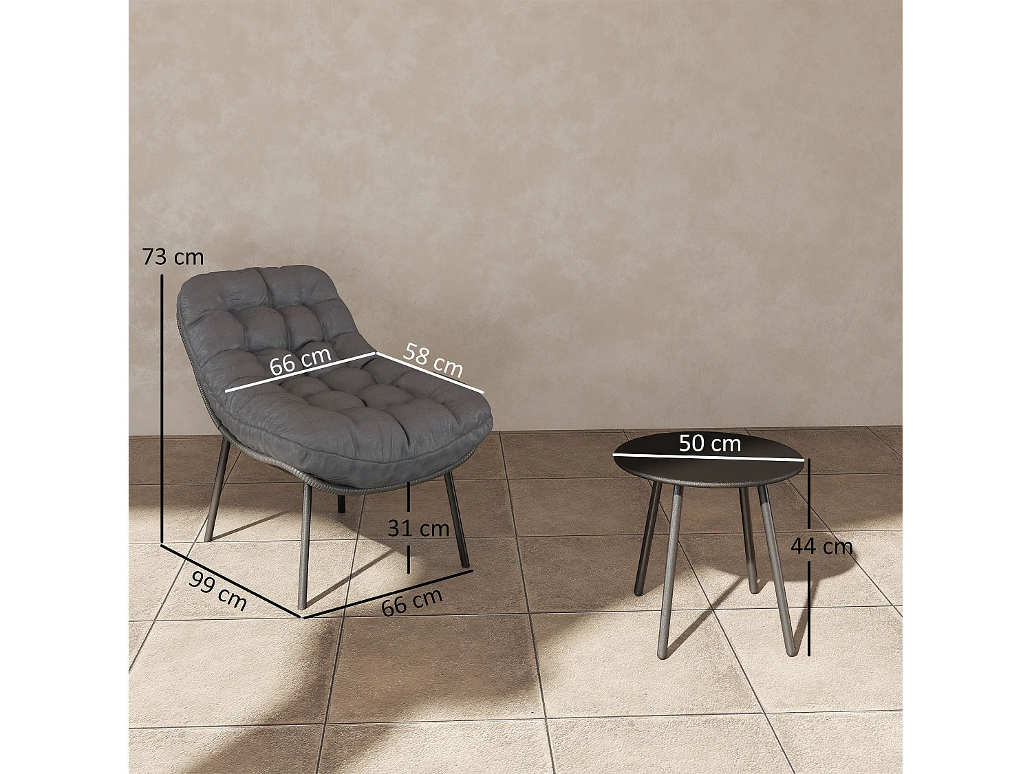 Salon de jardin 2 places 3 pièces style cosy épais coussins capitonnés 15 cm acier résine gris