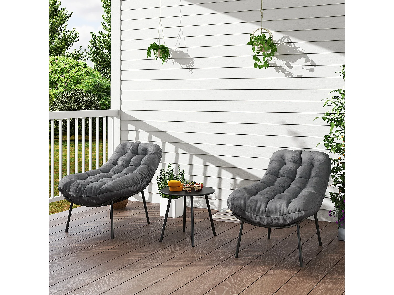 Salon de jardin 2 places 3 pièces style cosy épais coussins capitonnés 15 cm acier résine gris