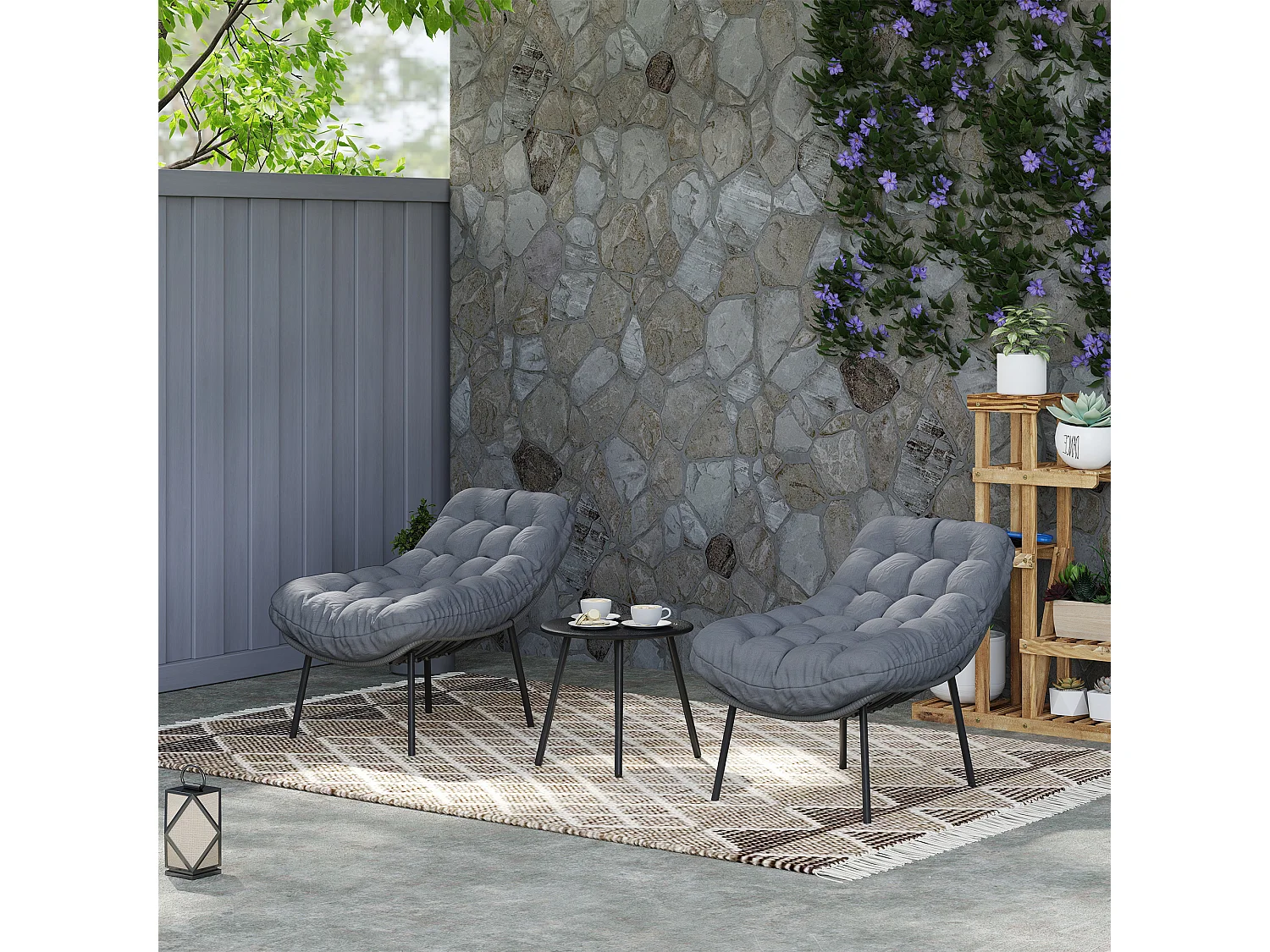 Salon de jardin 2 places 3 pièces style cosy épais coussins capitonnés 15 cm acier résine gris