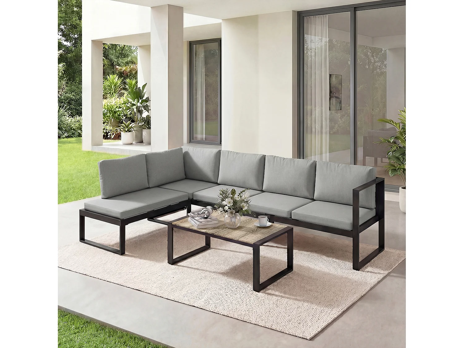 Salon de jardin d'angle 5 personnes design table basse coussins gris inclus