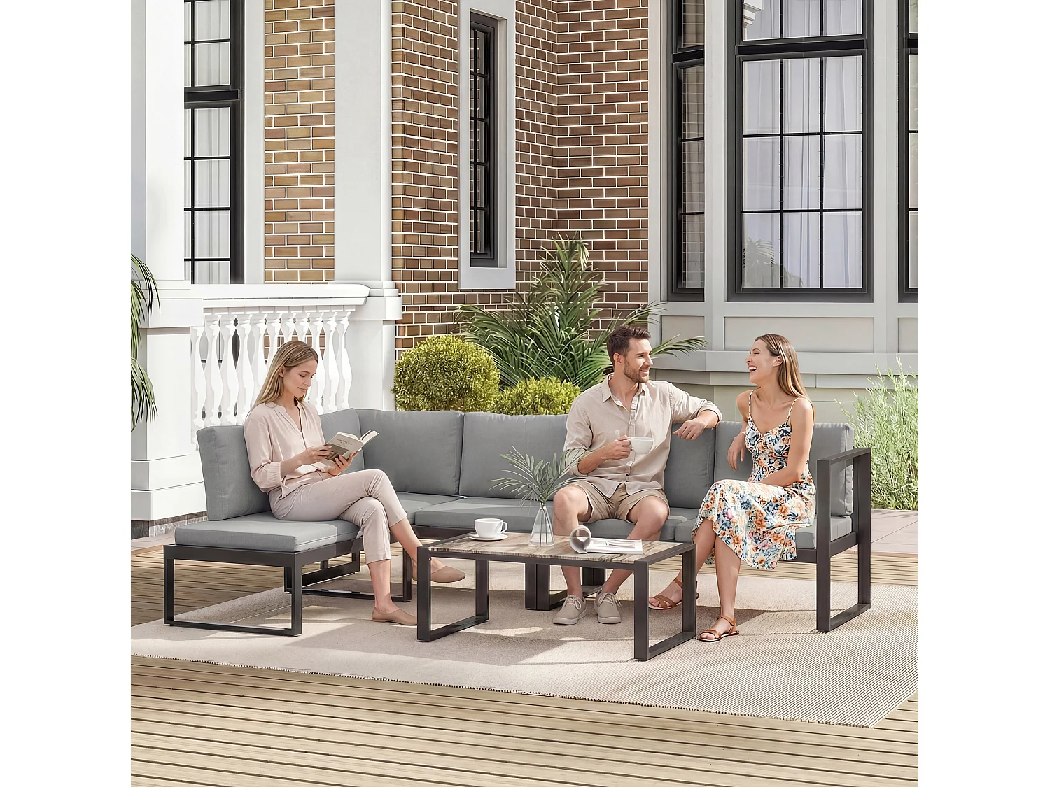 Salon de jardin d'angle 5 personnes design table basse coussins gris inclus
