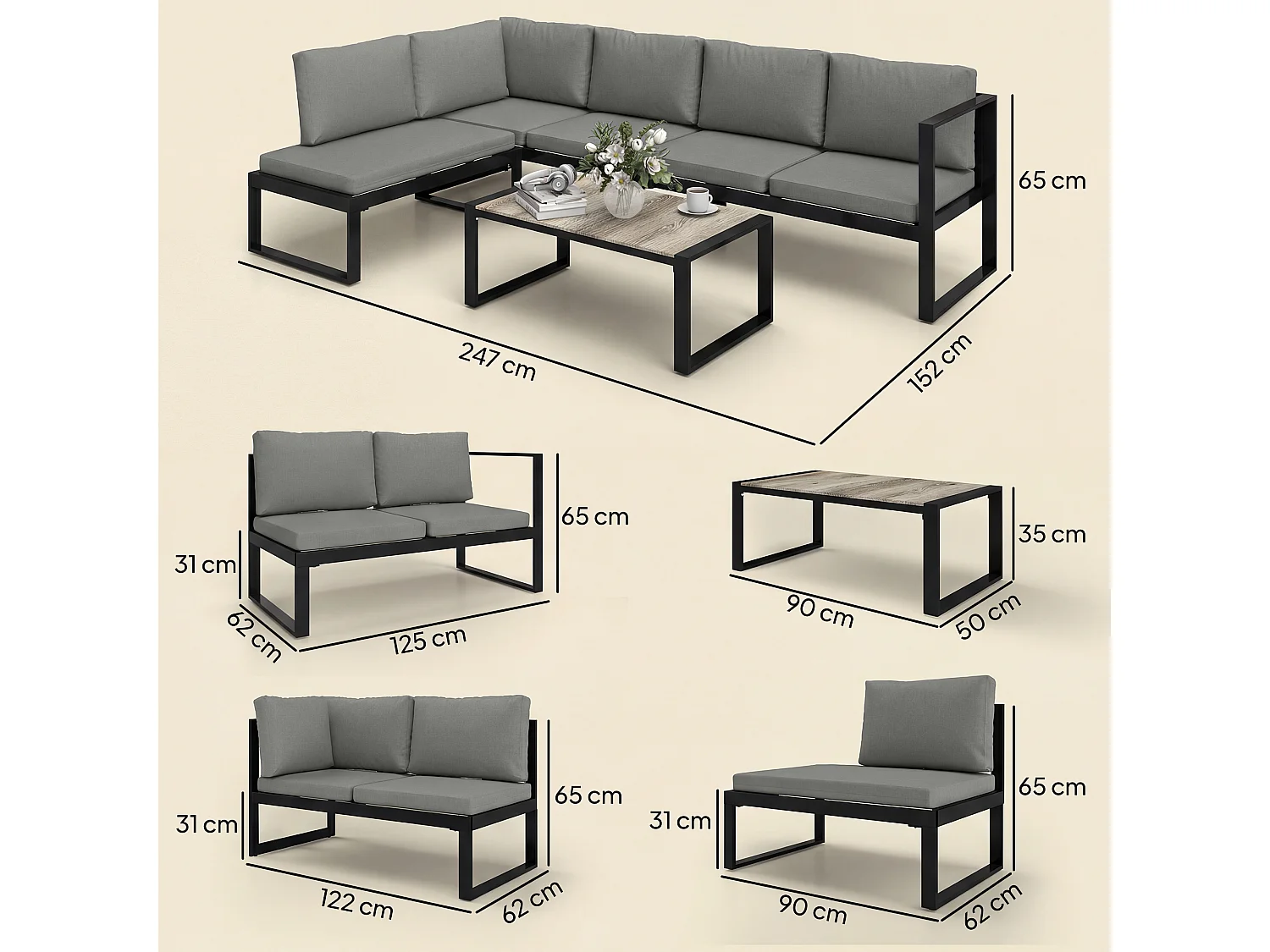 Salon de jardin d'angle 5 personnes design table basse coussins gris inclus