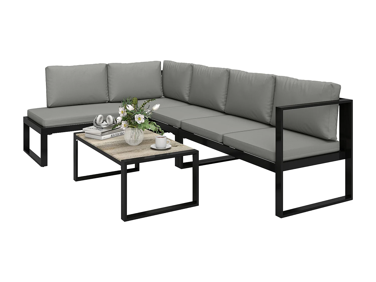 Salon de jardin d'angle 5 personnes design table basse coussins gris inclus