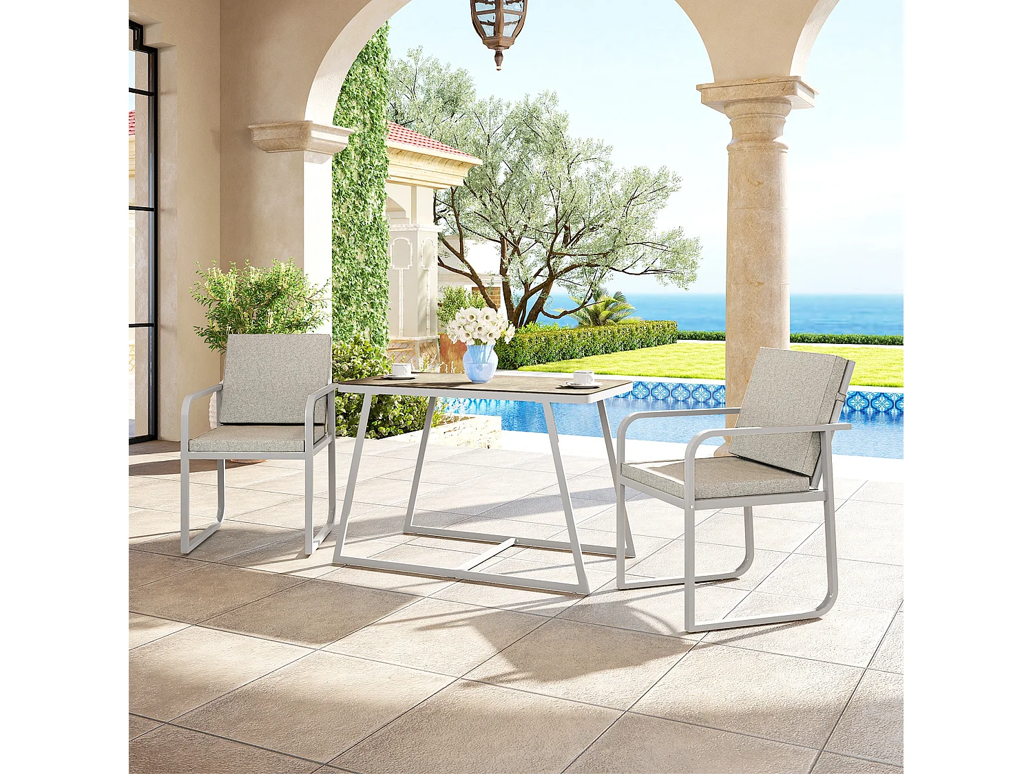 Salon de jardin design relax 2 personnes 3 pièces avec coussins déhoussables gris