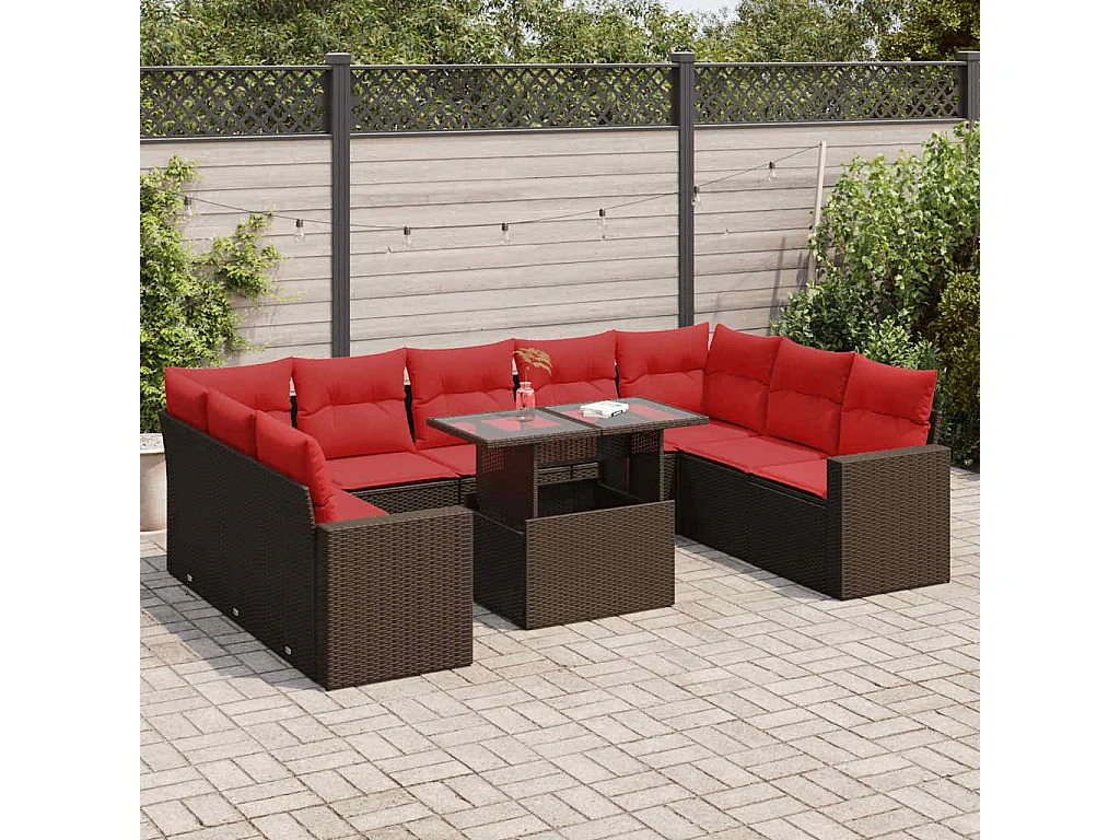 Salon de jardin 10 pièces et coussins marron résine tressée acacia