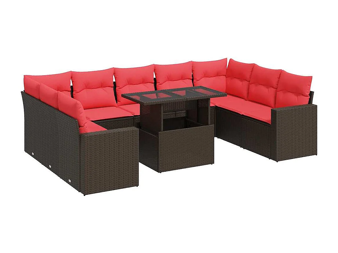 Salon de jardin 10 pièces et coussins marron résine tressée acacia