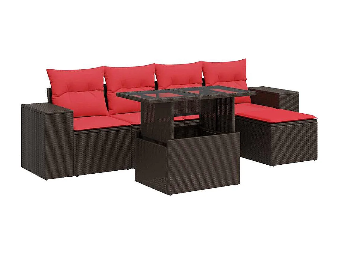 Salon de jardin avec coussins 6pièces marron résine tressée acacia