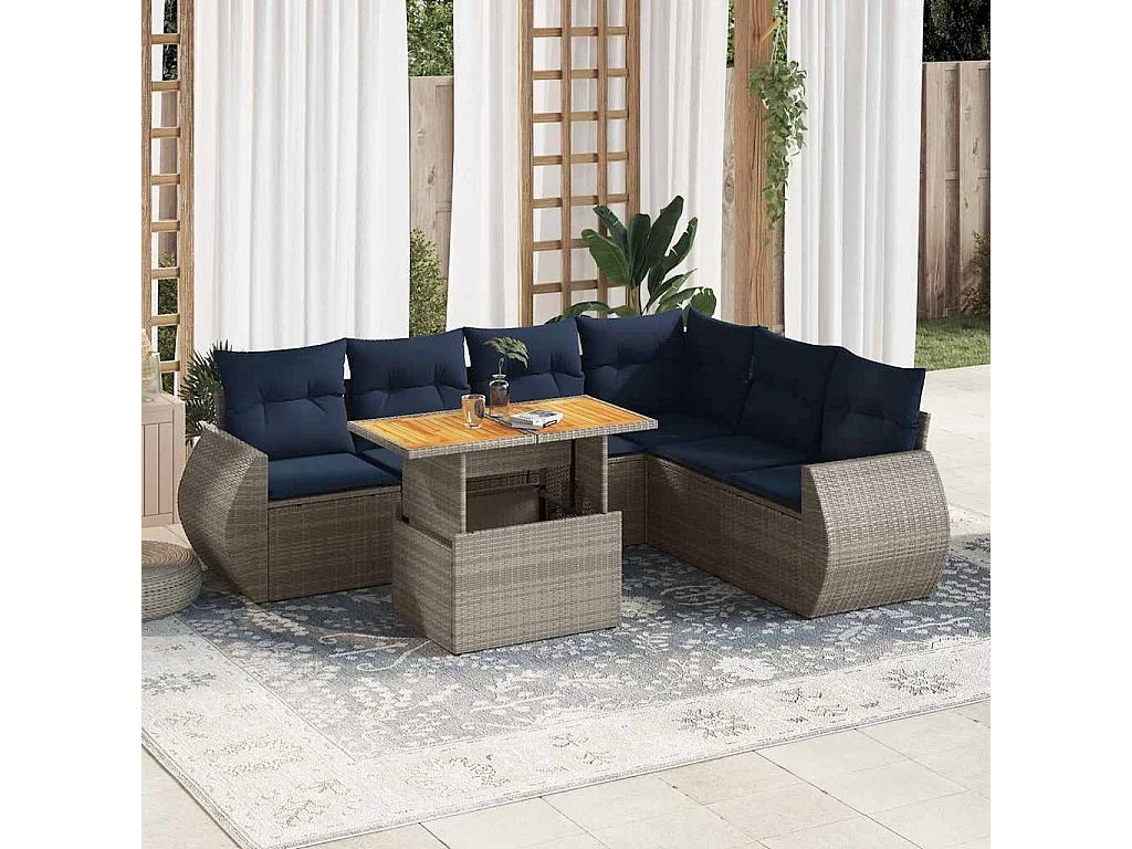 Salon de jardin avec coussins 7 pièces gris résine tressée