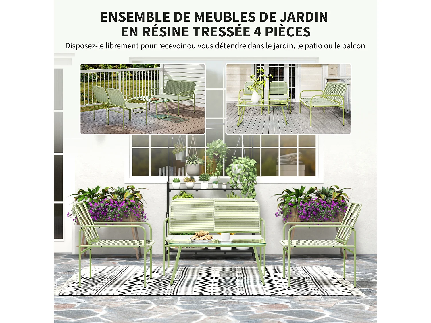 Salon de jardin style Acapulco 4 places 4 pièces plateau verre trempé acier résine filaire vert