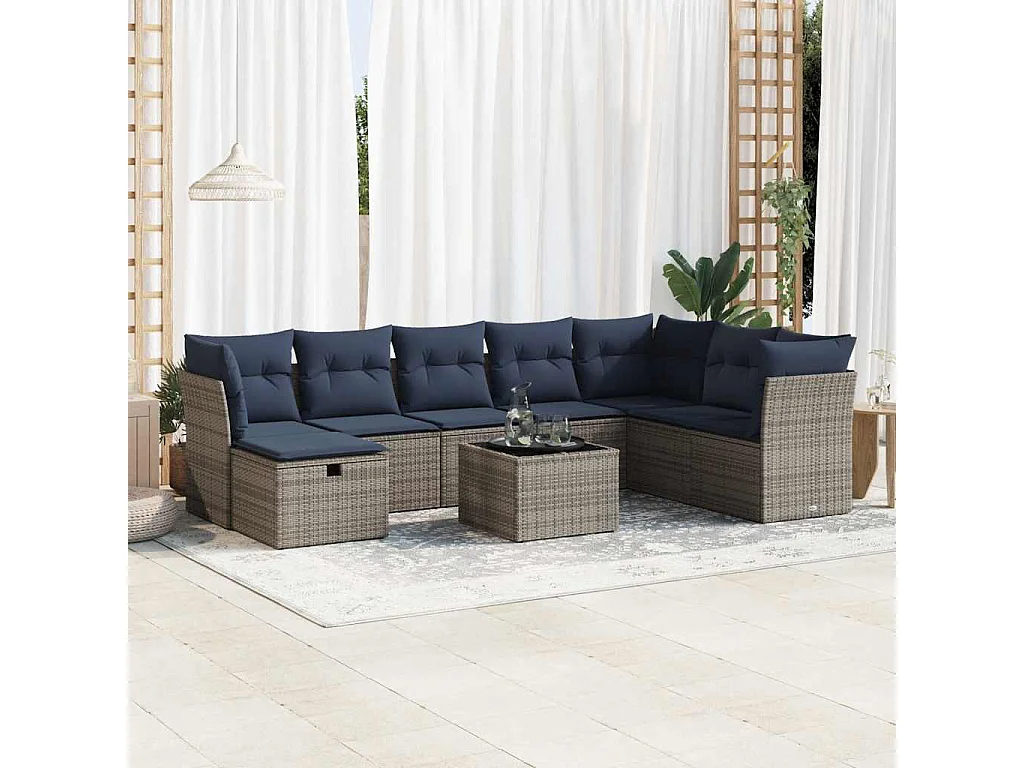 Salon de jardin 9 pièces avec coussins gris résine tressée