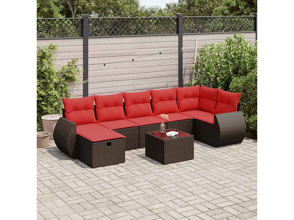 Salon de jardin 8 pièces avec coussins marron résine tressée