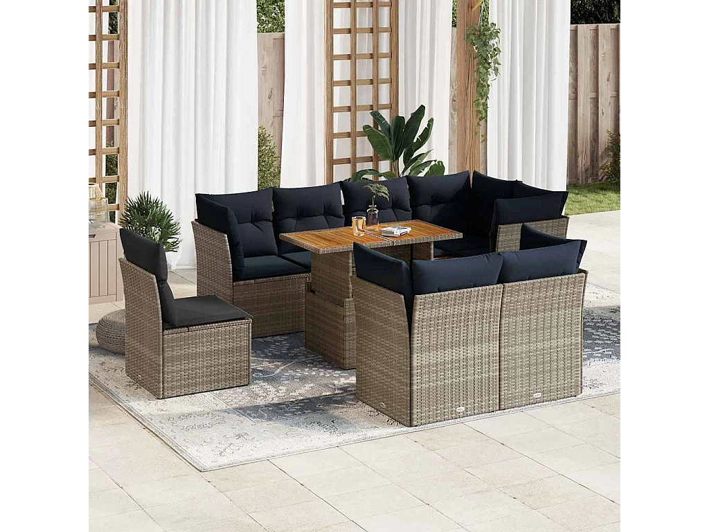 Salon de jardin 9 pièces avec coussins gris résine tressée