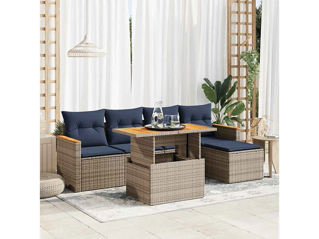 Set de muebles de jardín 6 piezas y cojines ratán sintético gris