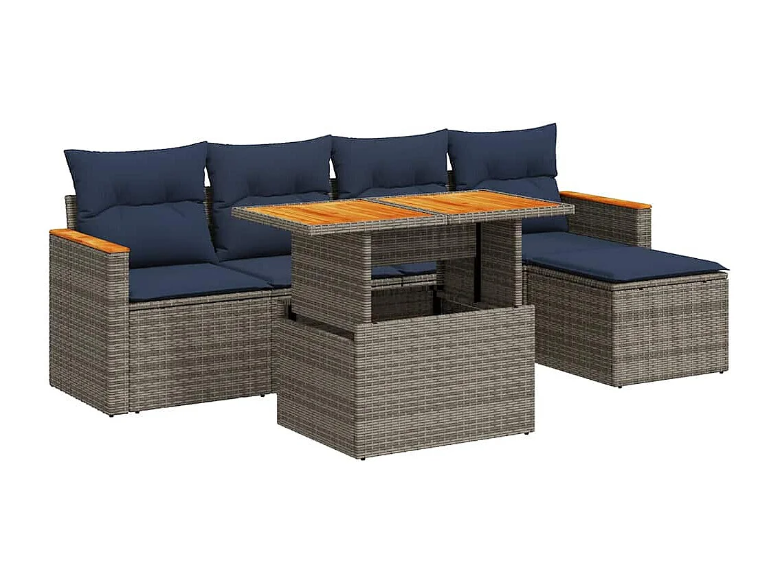 Set de muebles de jardín 6 piezas y cojines ratán sintético gris