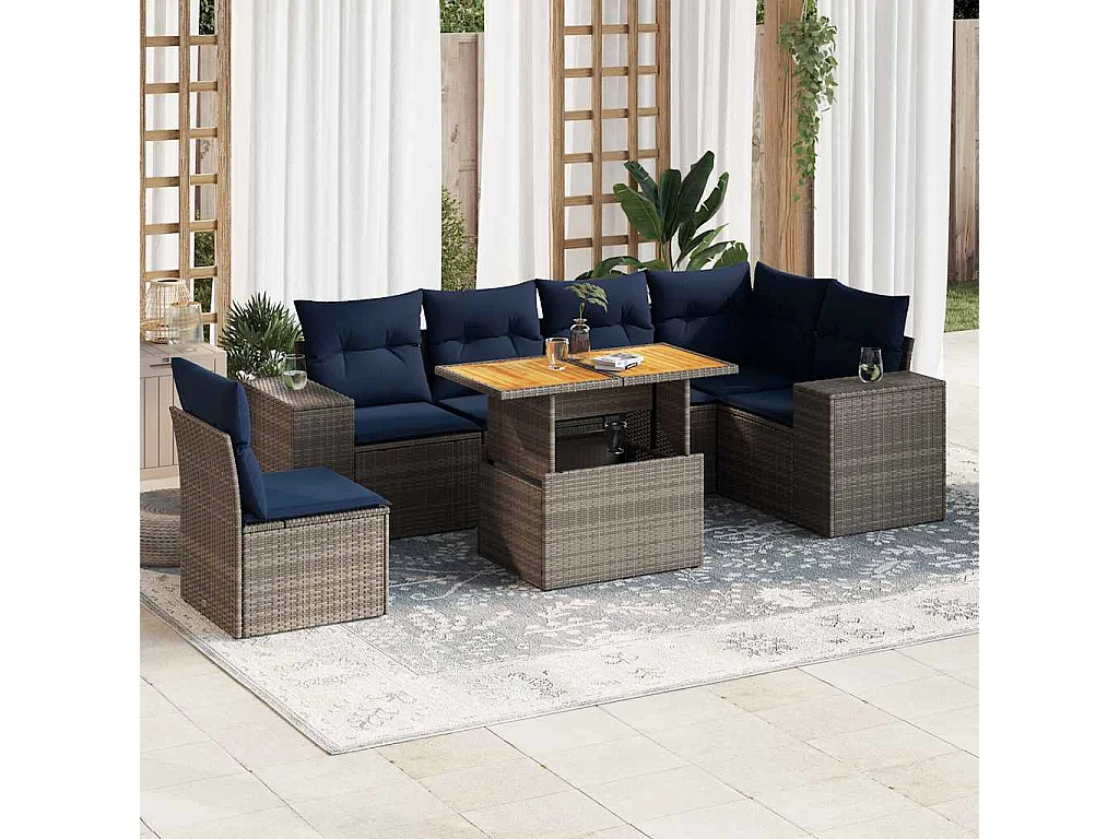 Salon de jardin avec coussins 7 pièces gris résine tressée