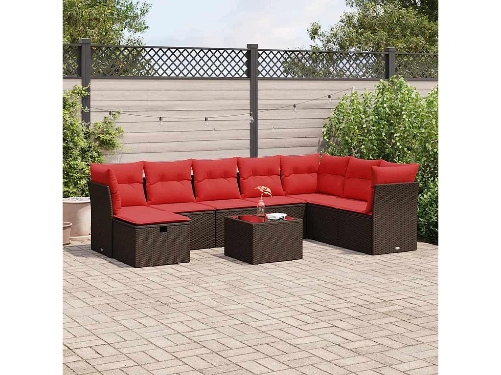 Set de sofás de jardín 9 piezas y cojines ratán sintético marrón