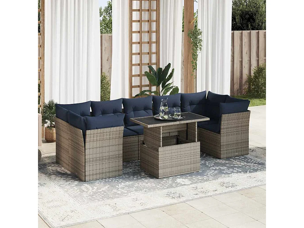 Salon de jardin avec coussins 8 pièces gris résine tressée acacia