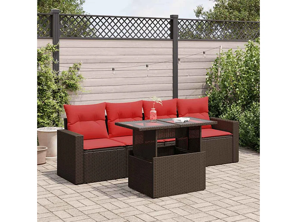 Salon de jardin avec coussins 5 pièces marron résine tressée acacia