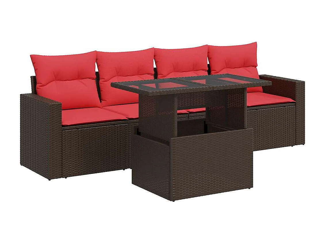 Salon de jardin avec coussins 5 pièces marron résine tressée acacia