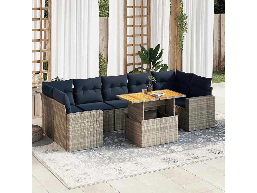 Salon de jardin 8 pièces avec coussins gris résine tressée