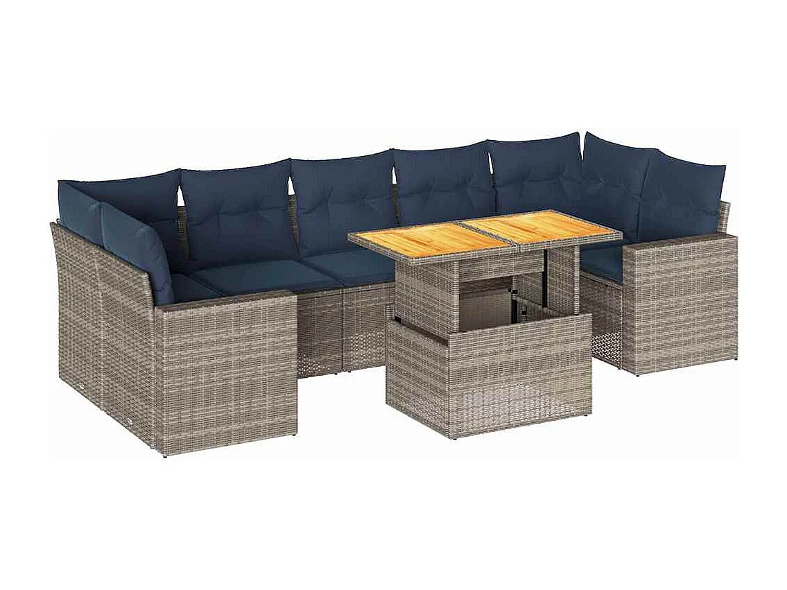 Salon de jardin 8 pièces avec coussins gris résine tressée
