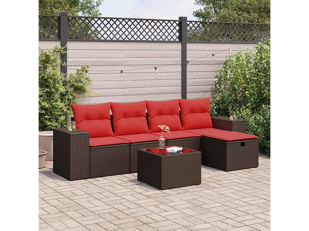 Set sofás de jardín 6 piezas y cojines ratán sintético marrón