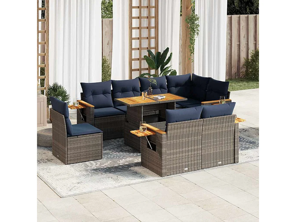 Salon de jardin avec coussins 9 pièces gris résine tressée acacia
