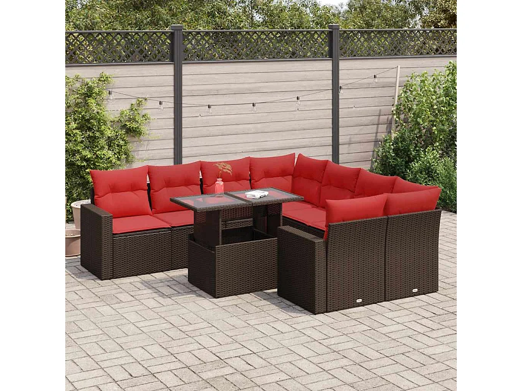 Salon de jardin avec coussins 9 pièces marron résine tressée acacia