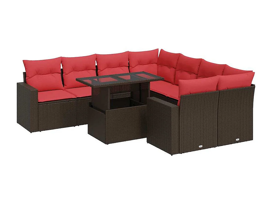 Salon de jardin avec coussins 9 pièces marron résine tressée acacia