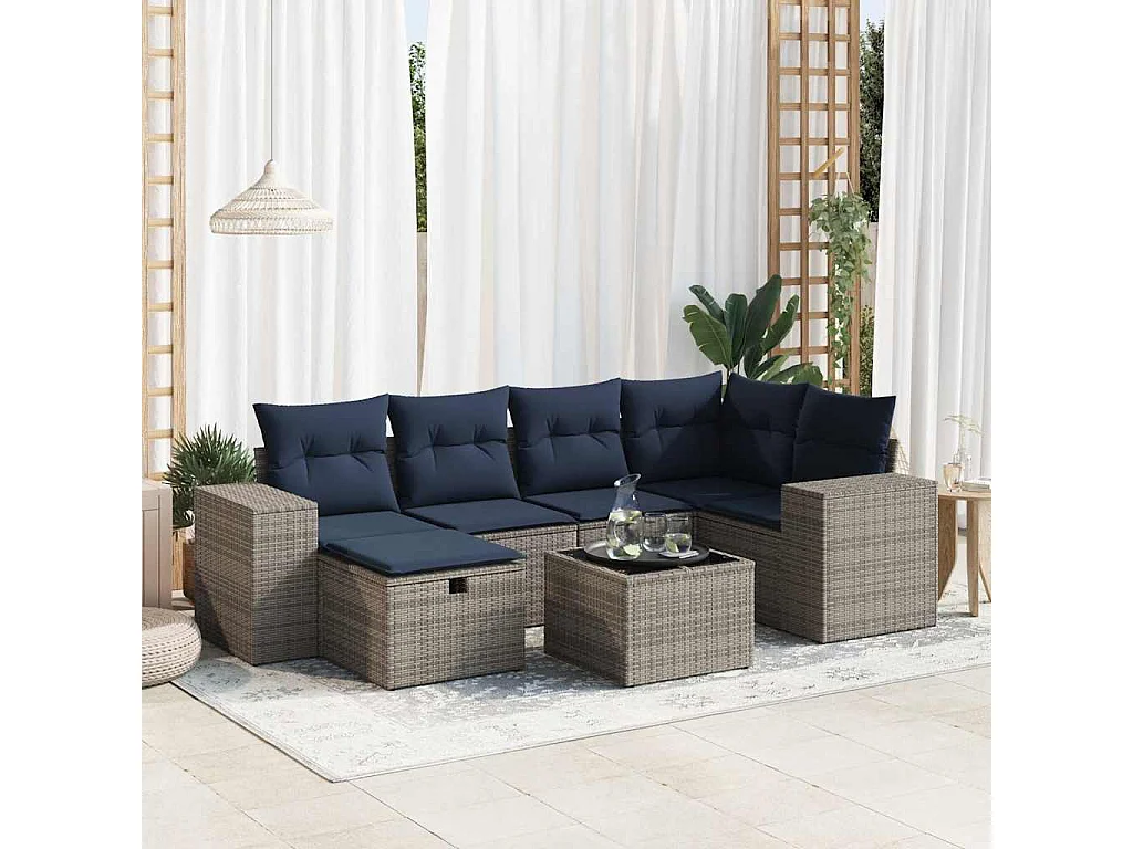 Salon de jardin avec coussins 7 pièces gris résine tressée