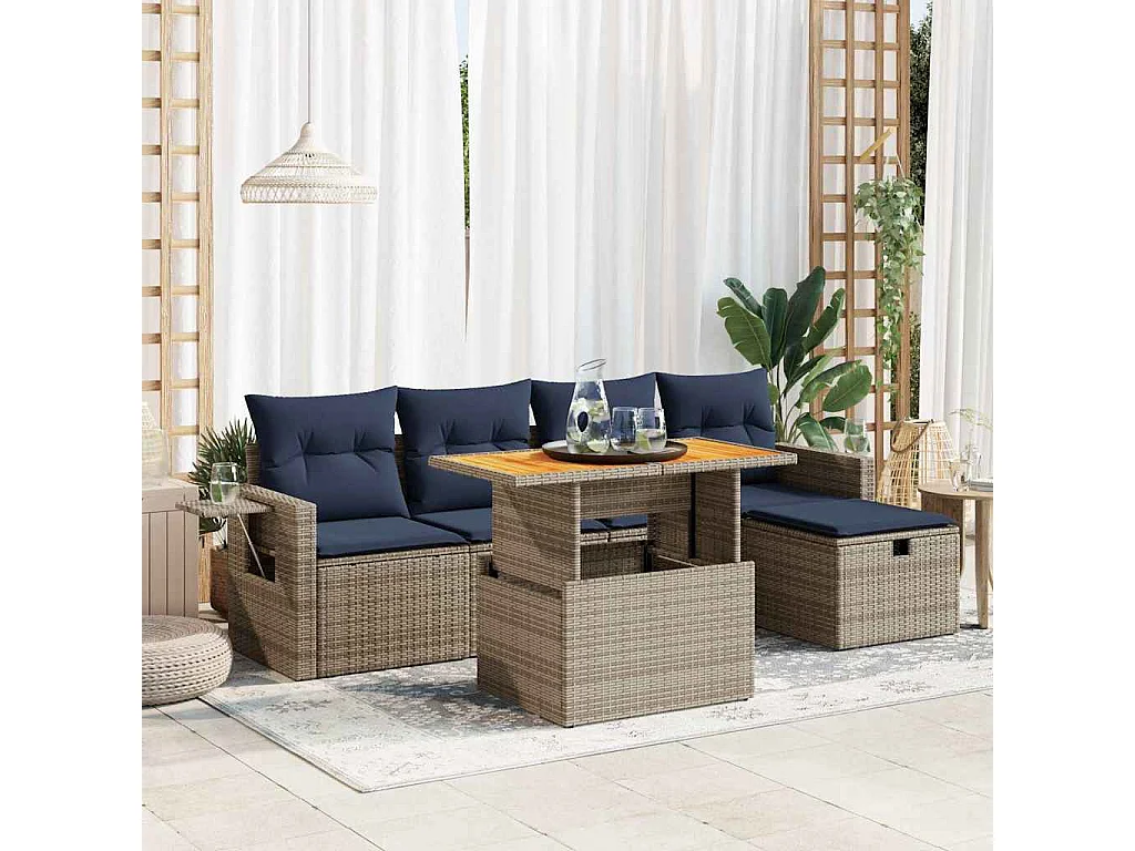 Salon de jardin avec coussins 6 pièces gris résine tressée acacia