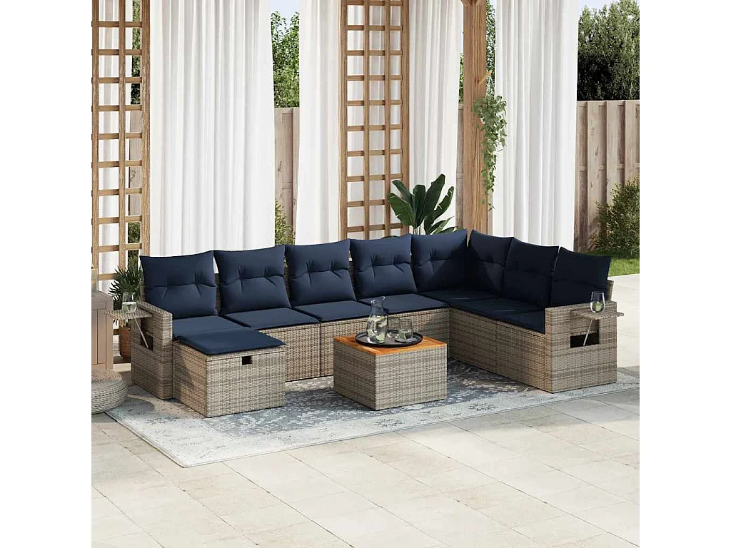 Salon de jardin 9 pièces avec coussins gris résine tressée