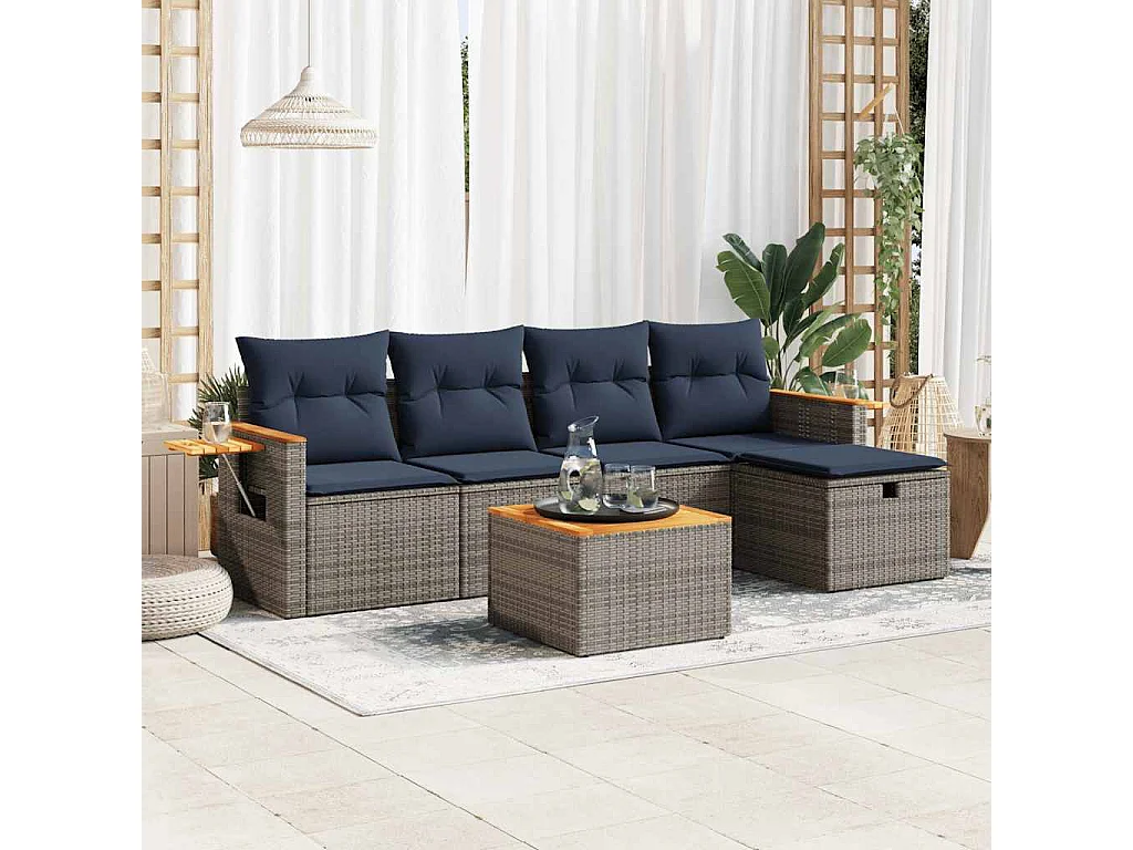 Salon de jardin 6 pièces avec coussins gris résine tressée