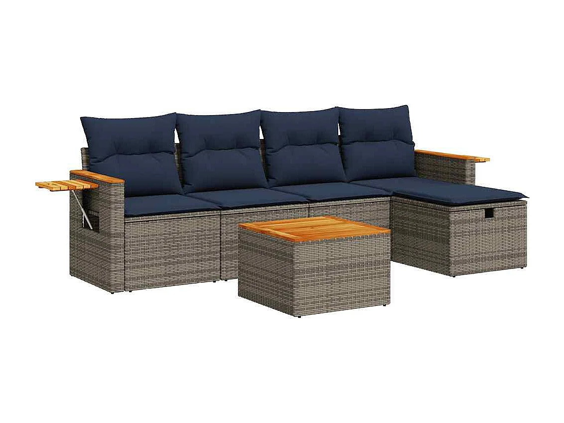 Salon de jardin 6 pièces avec coussins gris résine tressée