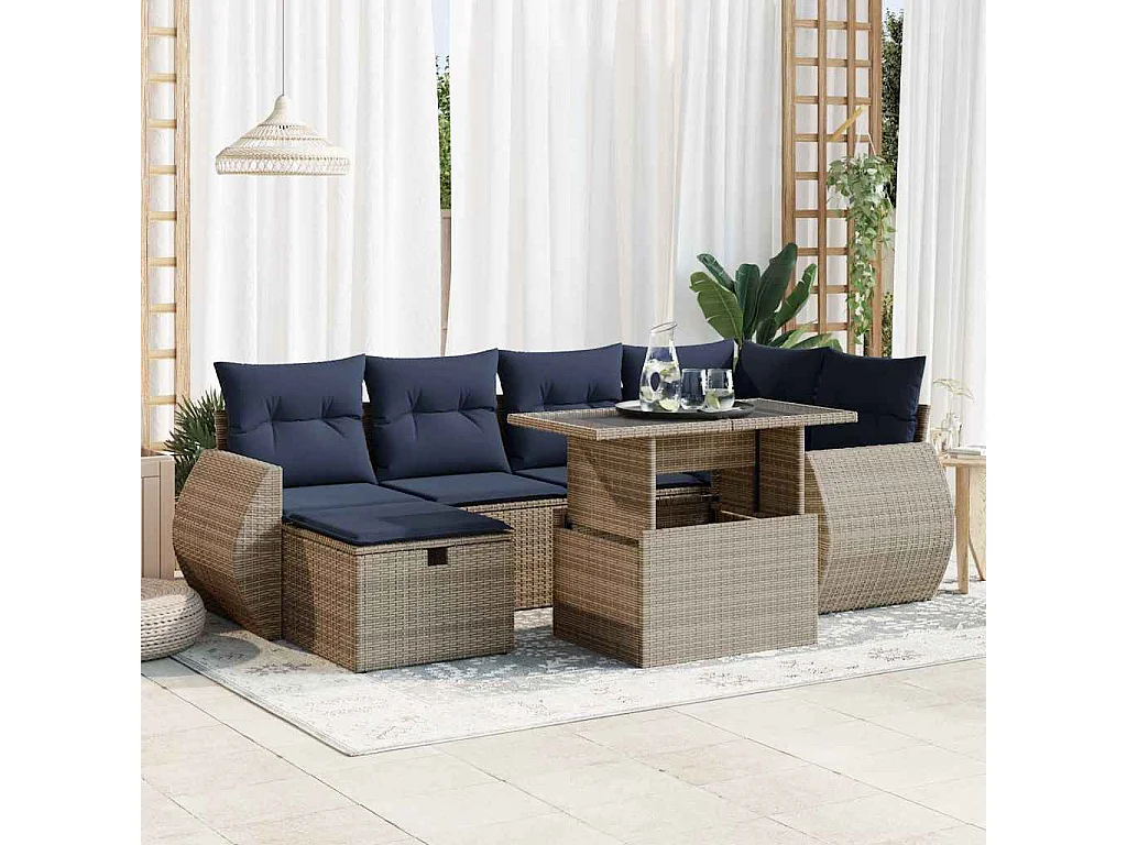 Salon de jardin avec coussins 7pièces gris résine tressée acacia