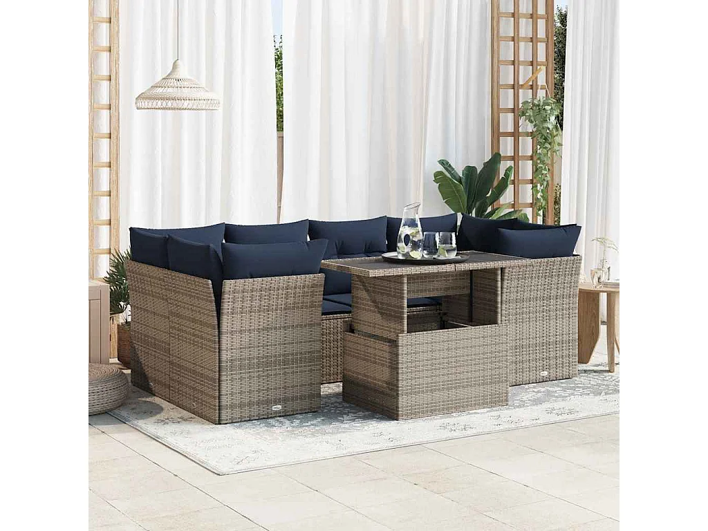 Salon de jardin avec coussins 7 pièces gris résine tressée acacia
