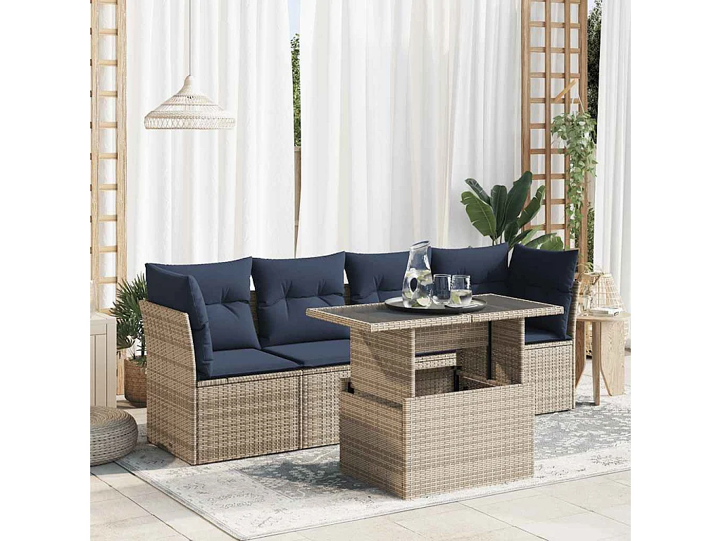 Salon de jardin 5 pièces avec coussins gris résine tressée acacia